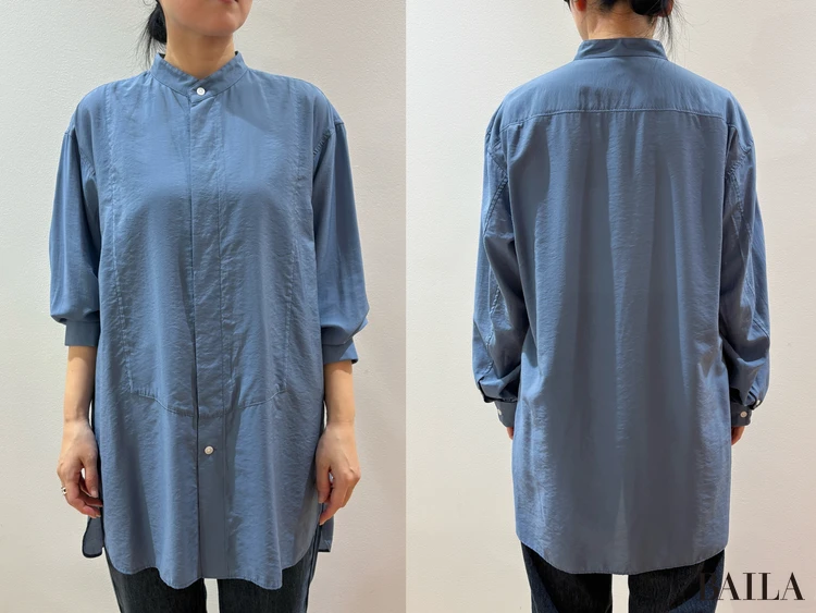 スタンドカラーシャツ￥3990・ハイライズレギュラージーンズ￥4990／Uniqlo U（ユニクロ）