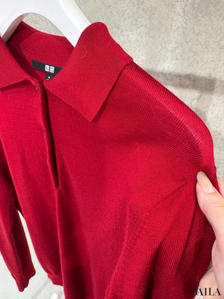 身長162cm ユニクロ ニット 正面 新作「メリノポロセーター」レッド Mサイズ