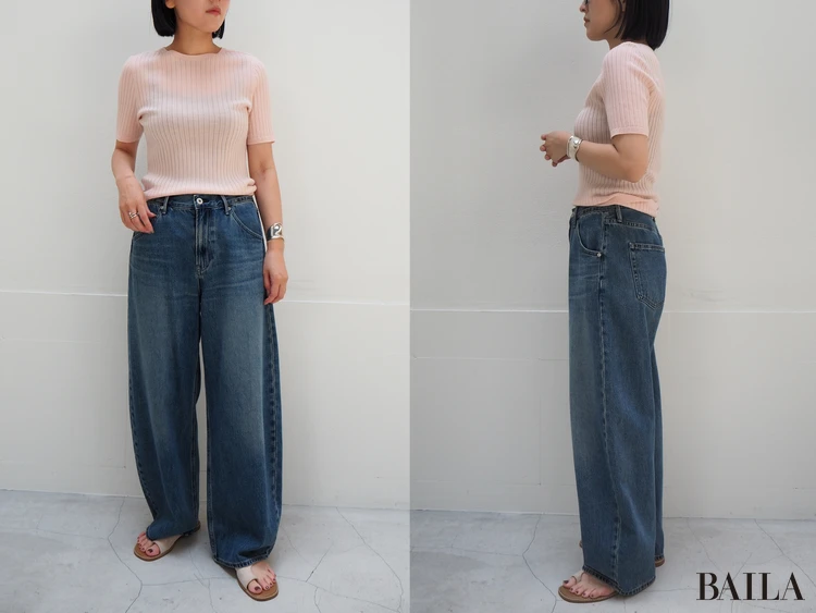 「バギーカーブジーンズ」（￥4990）、「3Dメリノリブクルーネックセーター5分袖」（￥2990）