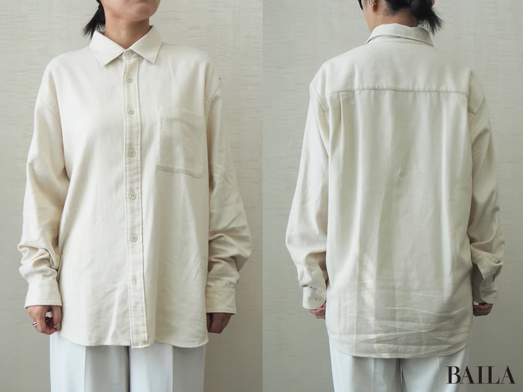 身長162cm ユニクロ フランネルシャツー オフホワイト Lサイズ 正面 背面