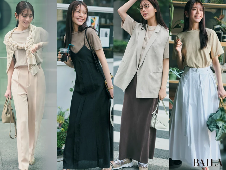 【Tシャツを買い足すならグレーかベージュ】きれい見え必至!甘め派ボトムにマッチするベージュTシャツ