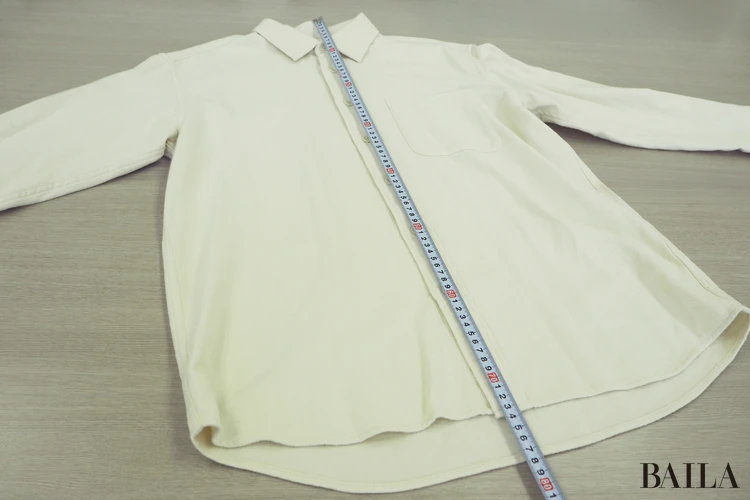 着丈：（前）約74cm、（後ろ）約78cm　身長162cm ユニクロ フランネルシャツー オフホワイト Lサイズ 正面　サイズ感