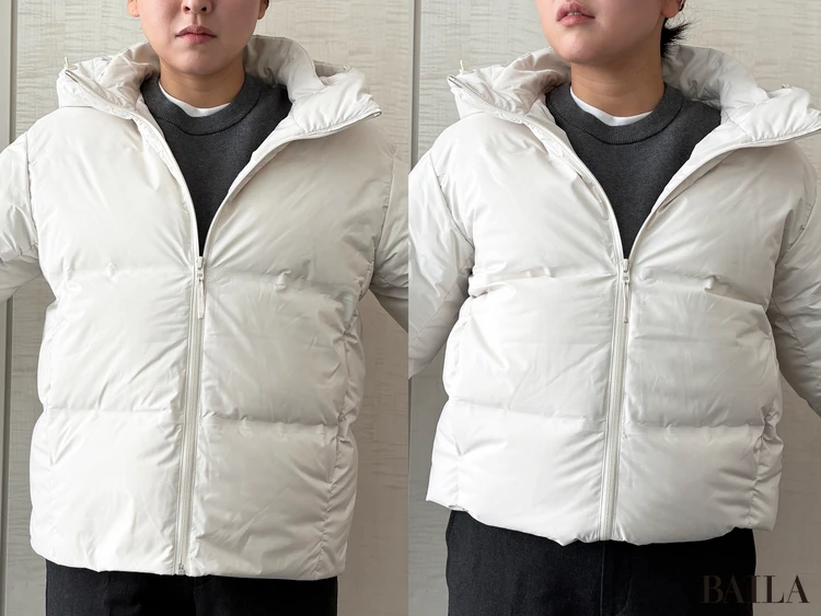 身長162cm ユニクロ ニット 正面 「シームレスダウンパーカ」¥14900 オフホワイト Mサイズ ドローコード シルエット