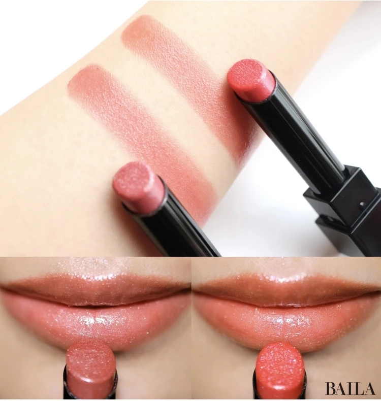 「ケイト リップモンスター」から5/23数量限定発売のキラキラな２色！  左は緑・赤・黄の多色ラメ入りのコーラルピンクカラーEX-13常夏の宝石、右は青・緑パール入りのEX-14水面の光跡