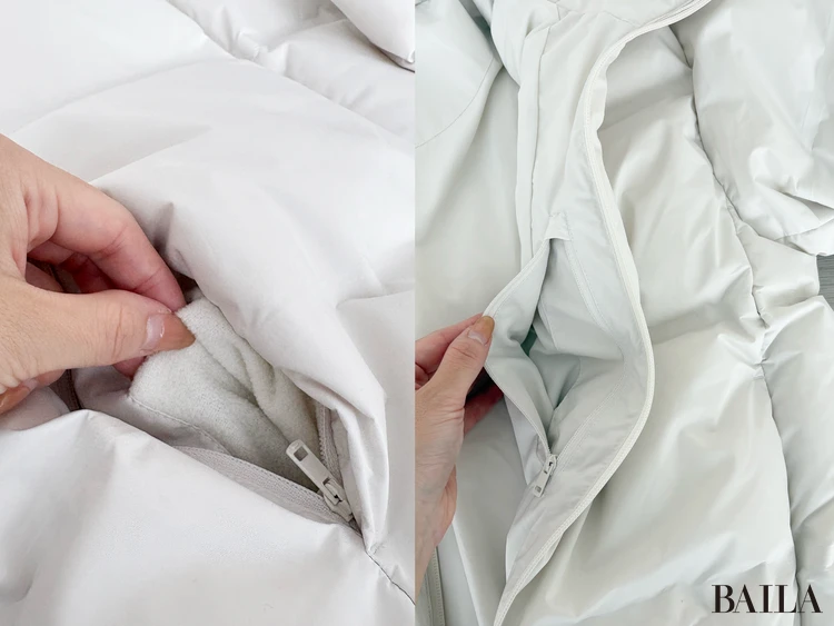 身長162cm ユニクロ ニット 正面 「シームレスダウンパーカ」¥14900 オフホワイト Mサイズ ポケット