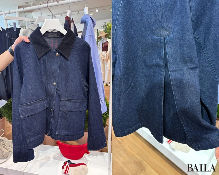 トレンドの異素材な襟がアクセントになったユーティリティショートジャケットデニム