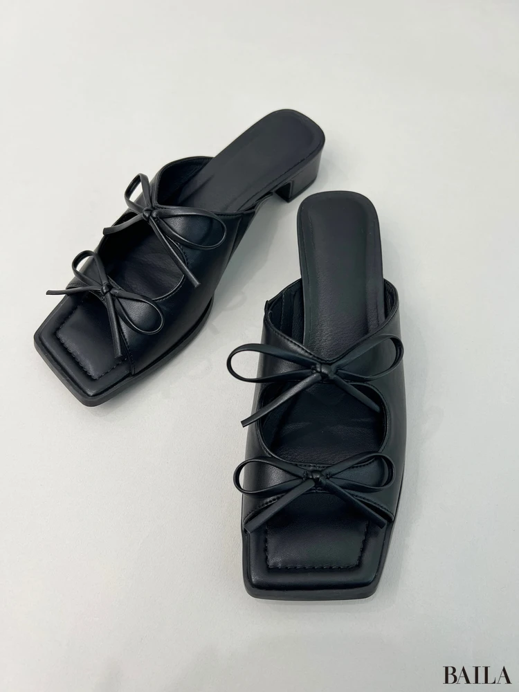 リボンヒールミュール　黒　ジーユー