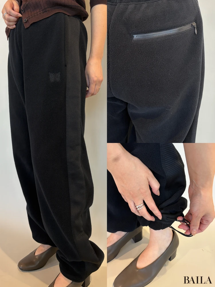 「フリースワイドパンツ」¥3990 ユニクロ ニードルズ Mサイズ ブラック 正面 ディテール