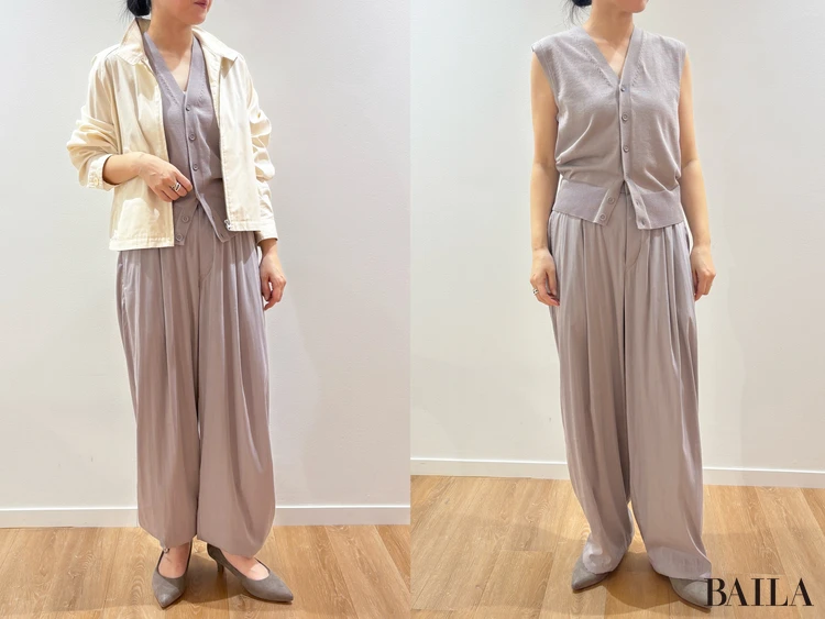 コットンブレンドショートブルゾン￥5990・ウォッシャブルボタンダウンニットベスト￥2990・イージーギャザーパンツ￥4990／Uniqlo U（ユニクロ）