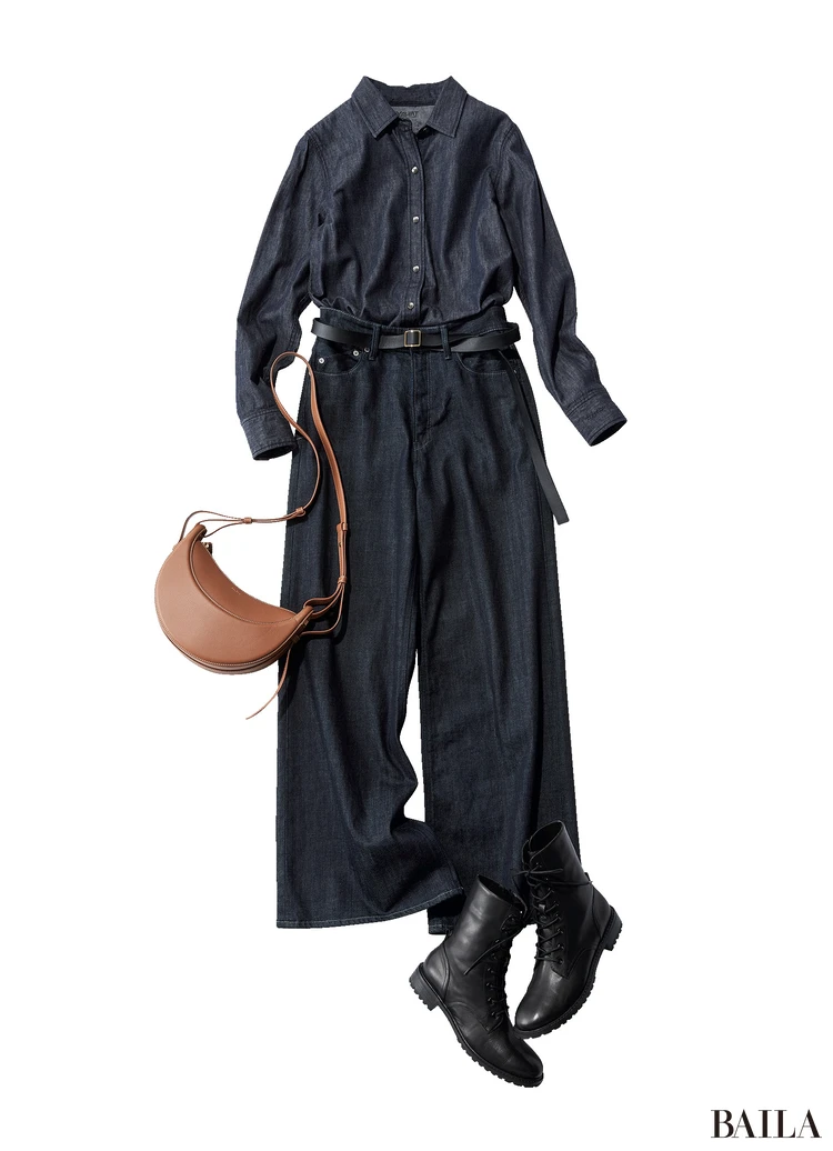 シャツ￥27500・パンツ￥30800／カイタックインターナショナル（ヤヌーク）　ベルト￥13200／フラッパーズ（レフィ エ）　バッグ￥89000／ポレーヌ カスタマーサービス（ポレーヌ）　靴￥60500／ワークス インターナショナル（ツル バイ マリコ オイカワ）