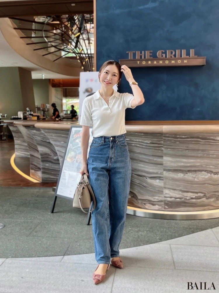 ユニクロコーデ ポロセーター 虎ノ門ヒルズ 夏コーデ