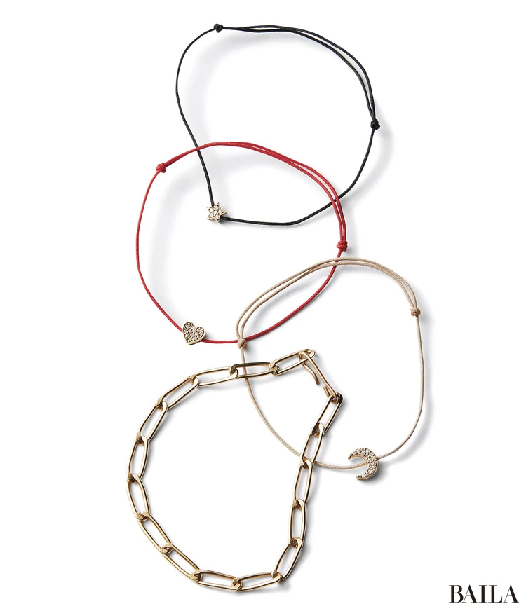 ブレスレット(K18YG×DIA)¥62700・(K18YG×DIA)¥89100・(K18YG×DIA)¥113300/ビジュードエム六本木ヒルズ(ビジュードエム) ブレスレット(真鍮+K14YG/P)¥17600/八木通商(ローラロンバルディ)