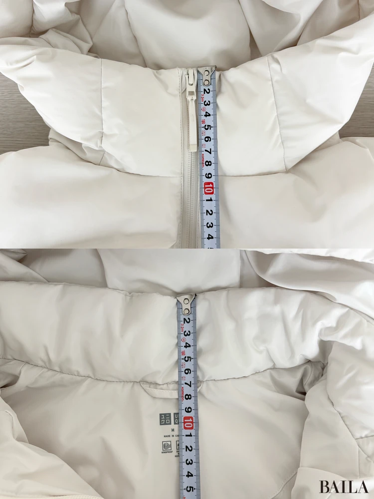 首元の高さ:(フーディ)約9cm、(内側の襟)約7cm 身長162cm ユニクロ ニット 正面 「シームレスダウンパーカ」¥14900 オフホワイト Mサイズ