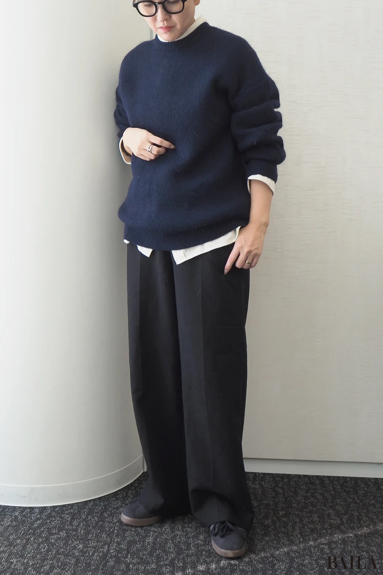 身長162cm ユニクロ フランネルシャツー オフホワイト Lサイズ 正面　コーディネート　レイヤード