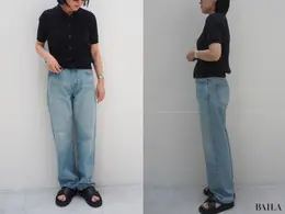 「JWAストレートジーンズ」（￥3990）、「リブポロカーディガン半袖」（￥2990）