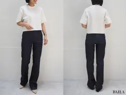 「スリムフレアトラウザージーンズ」（￥4990）、「ウォッシャブルミラノリブセーター」（￥2990）