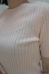 3Dメリノリブクルーネックセーター5分袖」アップ