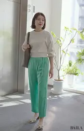 ルーニィ　新作　サテンラップパンツ　春　通勤　コーデ　グリーン