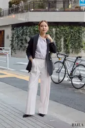 エステルツイルストレッチスラックスパンツ　新作　ノーブル　春　通勤　コーデ　ピンク