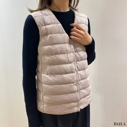 ユニクロ　パフテックコンパクトベスト　着用画像　スナップボタンを留めた状態