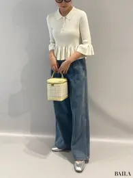 GU（ジーユー）×rokh（ロク）「リブポロセーター（7分袖）」×「ワイドジーンズ」で、オフィスOKのきれいめコーデ