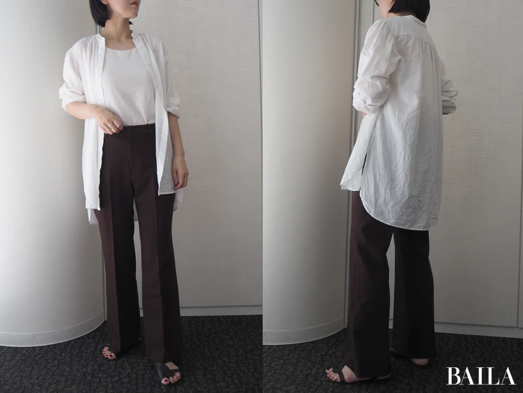 柔らかな白シャツと合わせれば女性らしいコーデに