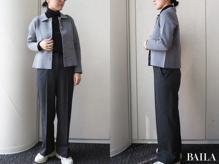ニットジャケットを主役にモノトーンでまとめて