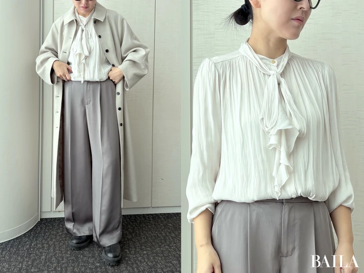 ニュートラルなカラーでまとめた冬コーデにも合う！