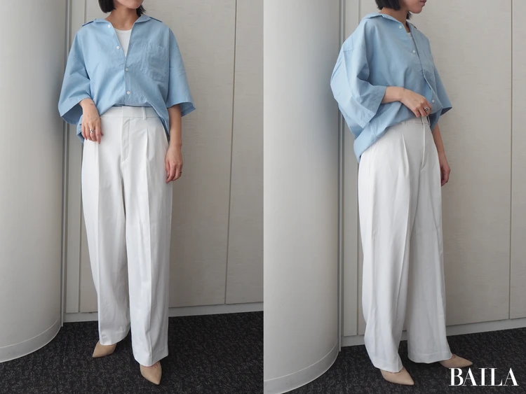 白のワイドパンツと合わせてきれいめ通勤スタイル