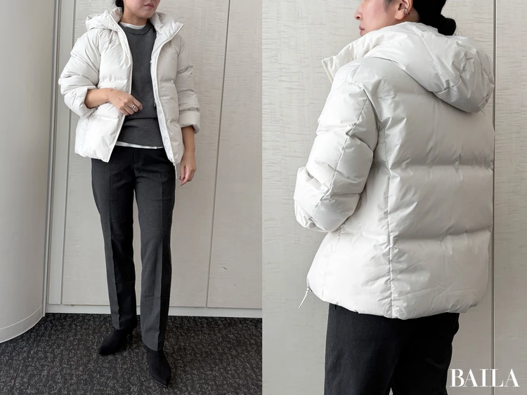 身長162cm ユニクロ ニット 正面 「シームレスダウンパーカ」¥14900 オフホワイト Mサイズ パンツコーデ