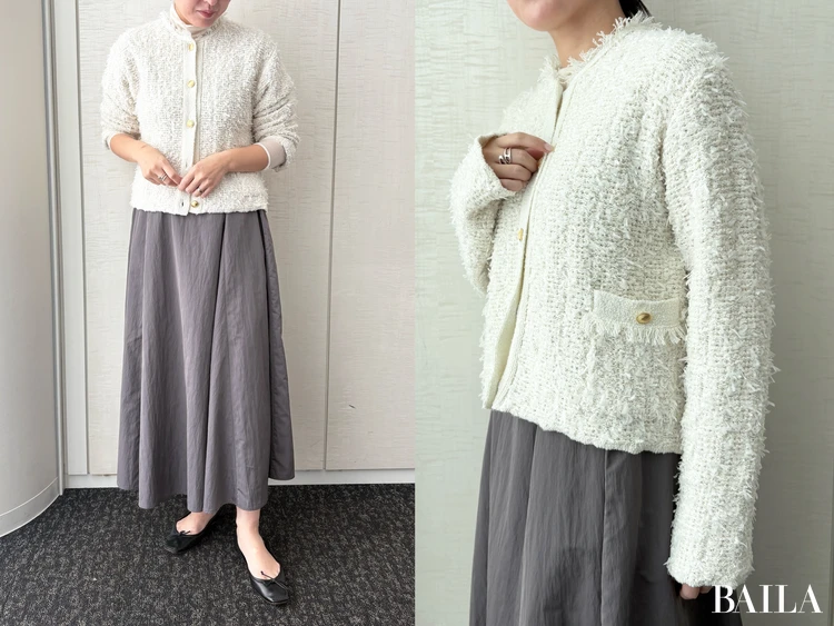 ドラマチックなスカートに合わせて、とことん品よく