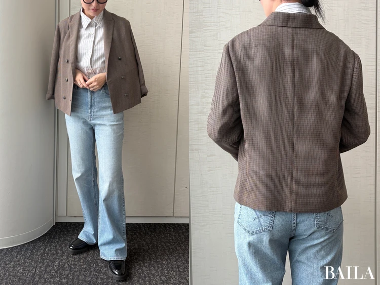 品のあるチェック柄が、ジーンズとも好相性