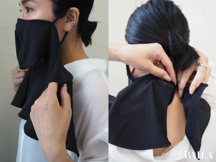 耳にかけて、首の後ろで留める!