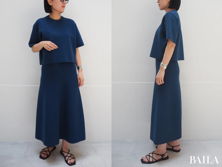 同素材・同カラーのスカート合わせでセットアップ