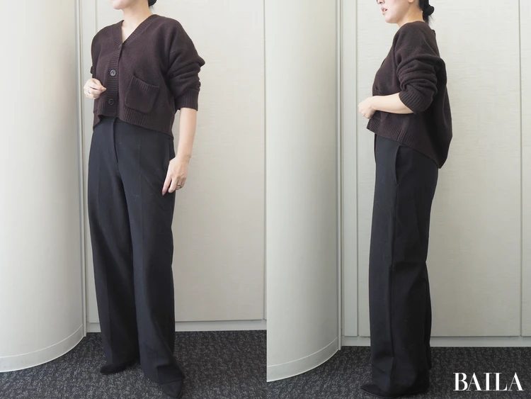 オフィスもいける！重めカラーでまとめたパンツコーデ　身長162cm ユニクロ スフレヤーンショートカーディガン ダークブラウン Mサイズ 正面　横