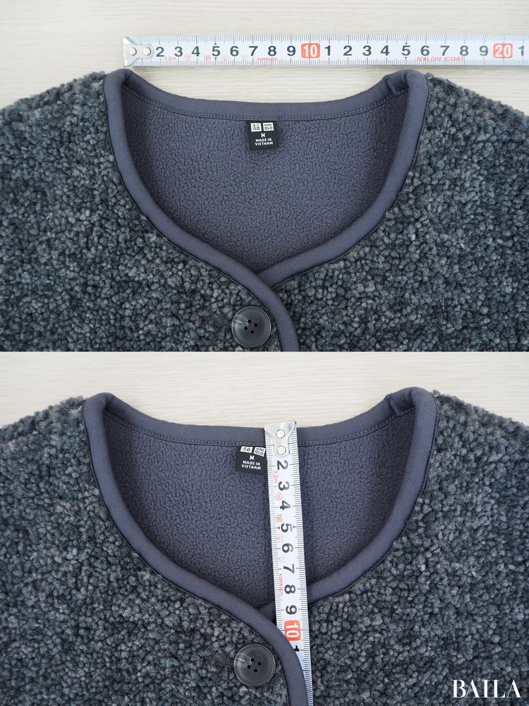 首元の開き：（横）約15cm、（縦）約9cm　身長162cm ユニクロ ボアフリースリラックスカーディガン　ダークグレー　 Mサイズ 正面