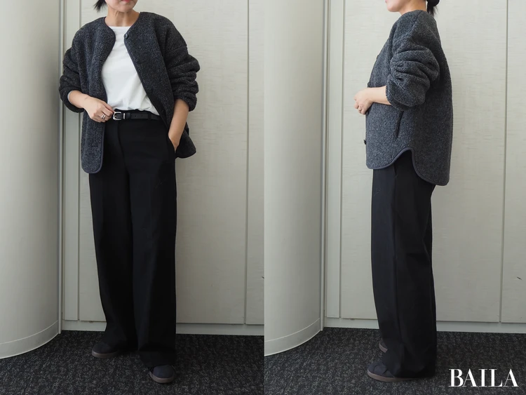 リラックスシルエットのパンツ＆スニーカーでラフに　身長162cm ユニクロ ボアフリースリラックスカーディガン　ダークグレー　 Mサイズ 正面　横