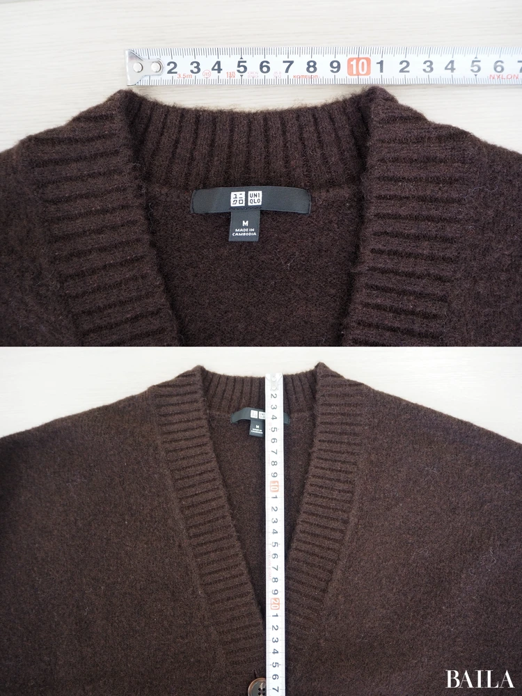 首元の開き：（横）約11cm、（縦）約22cm　身長162cm ユニクロ スフレヤーンショートカーディガン ダークブラウン Mサイズ 正面
