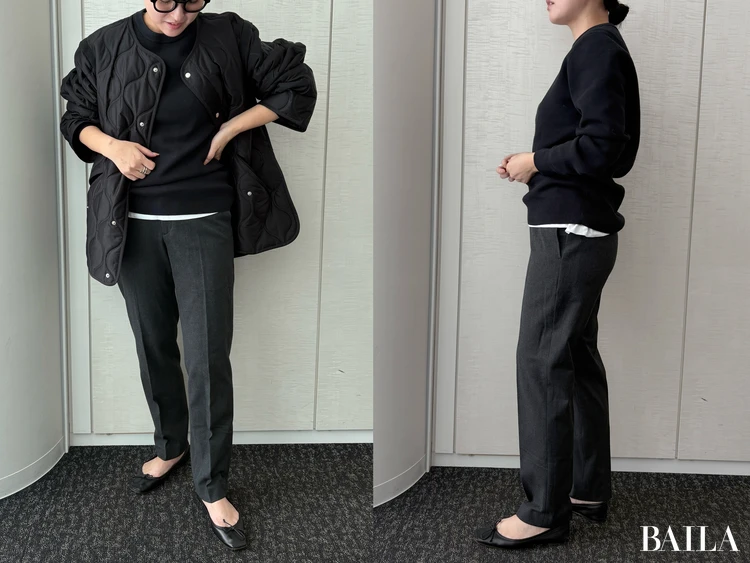 身長162cm ユニクロ ニット 正面 「ウォームスマートパンツ」ダークグレー Mサイズ ¥4990 ワントーンコーデ