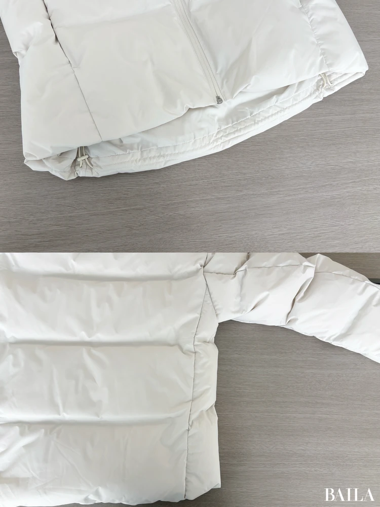 身長162cm ユニクロ ニット 正面 「シームレスダウンパーカ」¥14900 オフホワイト Mサイズ 丈感 裾