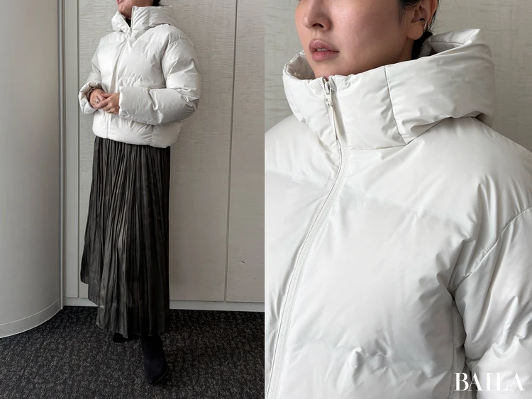 身長162cm ユニクロ ニット 正面 「シームレスダウンパーカ」¥14900 オフホワイト Mサイズ スカートコーデ