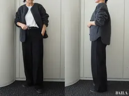 リラックスシルエットのパンツ＆スニーカーでラフに　身長162cm ユニクロ ボアフリースリラックスカーディガン　ダークグレー　 Mサイズ 正面　横