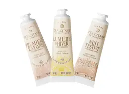 2025　クリスマスコフレ　ロクシタン　ホリデーライツ ハンドクリームトリオ ￥5610（2025年10月29日限定発売） セット内容：プルミエール レイヨン パフュームド ハンドクリーム 30mL、ルミエール ディヴェール ホイップハンドクリーム 30mL、ニュイ フェスティブ パフュームド ハンドクリーム 30mL